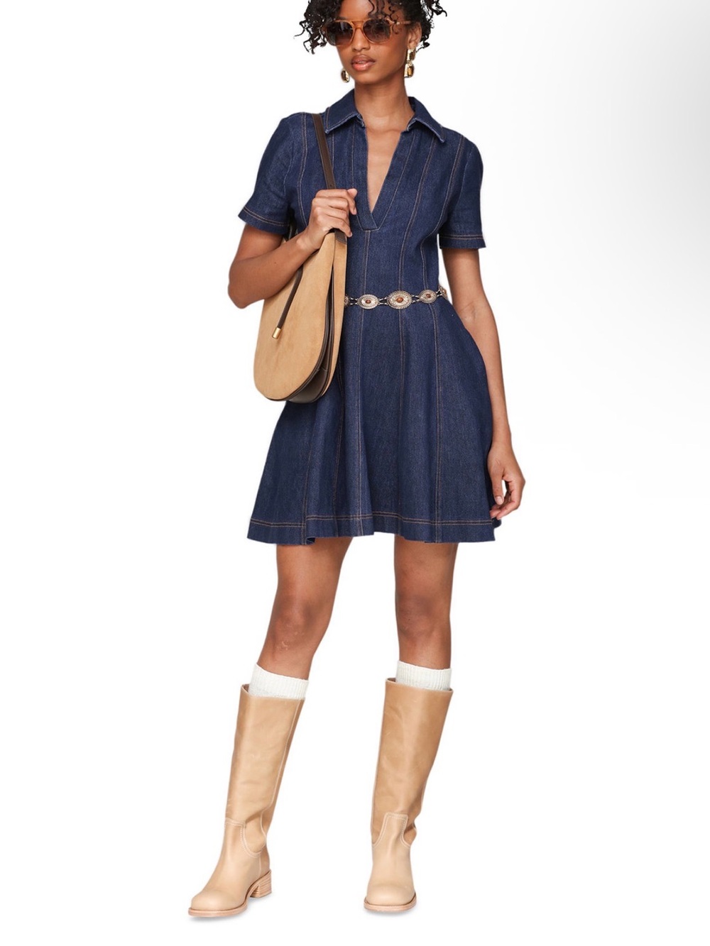 NWT Avec Les Filles Women’s Denim Collared Fit and Flare Mini Dress - Picture 2 of 16